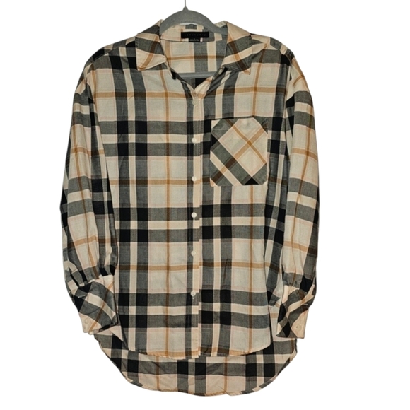 Sanctuary Tops - Sanctuary Plaid Button Down Shirt - Black and Tan Wide Cuff Classic Sm